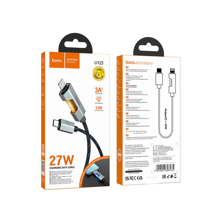 کابل تبدیل USB-C به لایتنینگ هوکو مدل U123 27W طول 1.2 متر
